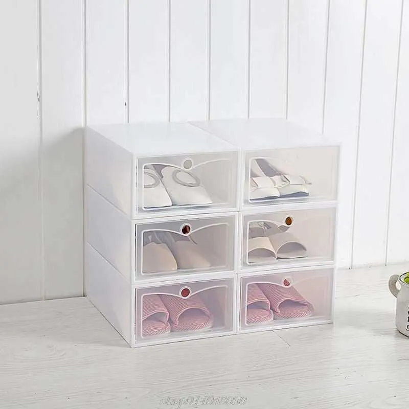 6 uds caja de zapatos de plástico apilable organizador de zapatos plegable cajón caja de almacenamiento Flip transparente señoras 33,5x23,5x13cm D08 20 Dropship 210811