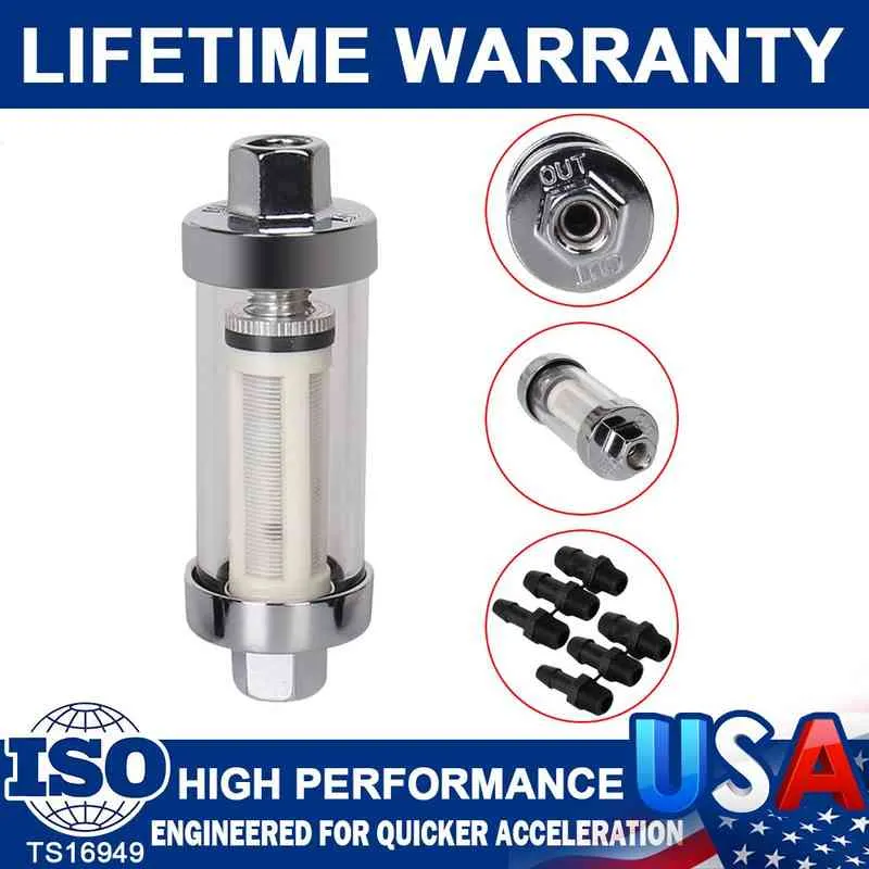 Universal 3/8" 1/4" 5/16" Fittings Chrome Gas Glass Reusable Inline Fuel Filters