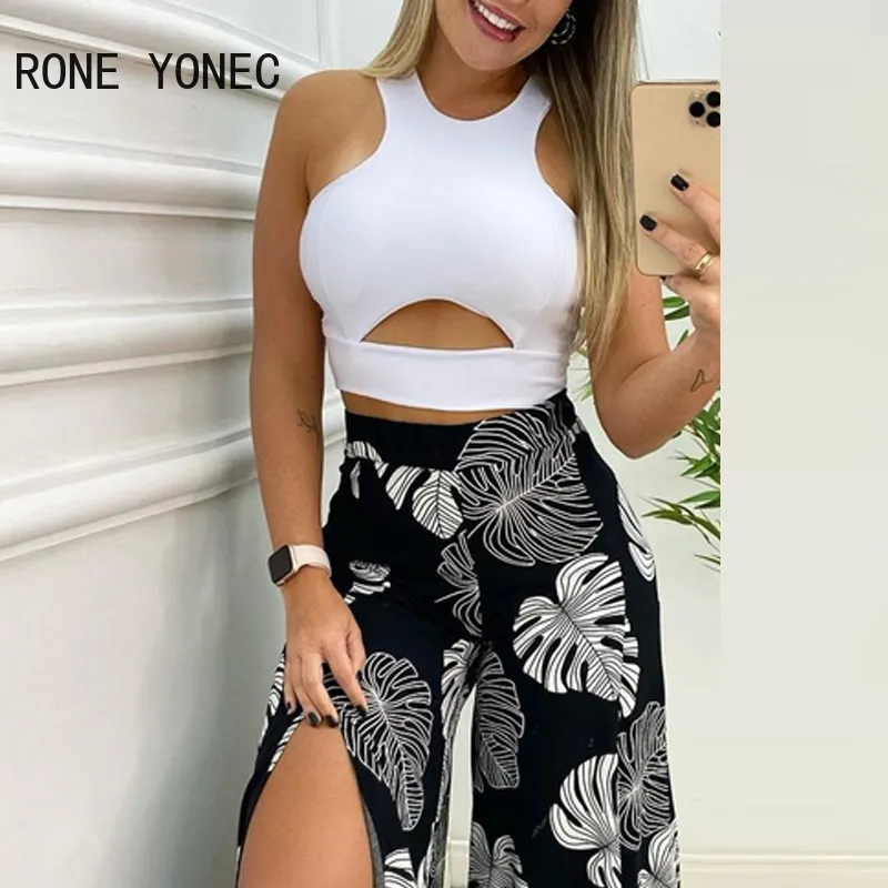 Canotta da donna con cut-out tinta unita con stampa tropicale, pantaloni a gamba larga divisi, set completo estivo 220221