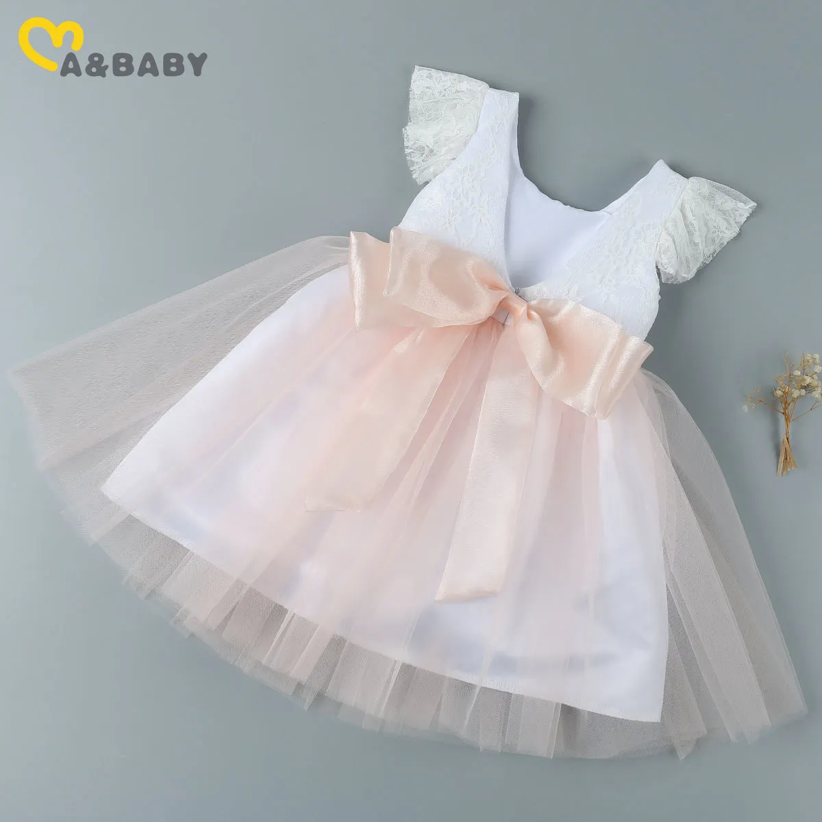 1-7Y Summer Toddler Kid Child Girl Party Dress Princess Big Bow Tulle Lace Bröllop Födelsedag Tutu Klänningar för GIR 210515