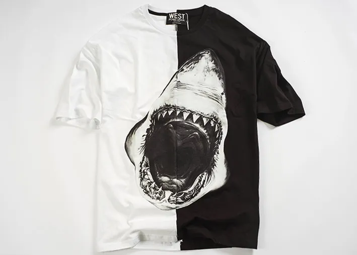 Sommermode Herren T-Shirt Haifischdruck Schwarz-Weiß-Nähte elastisches Rundhalspaar locker und bequem kurzärmelig weiblich S-XL#GVC0021