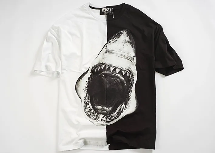 summer fashion men's T-shirt shark print black and white stitching elastic round neck couple loose and comfortable short-sleeved female S-XL#GVC0021