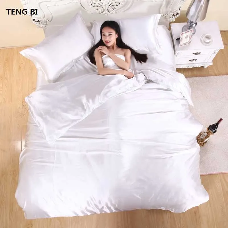 ! 100% silk bedding fashion set Pure color A/B double-sided Simplicity Bed sheet, quilt cover pillowcase 2-210608