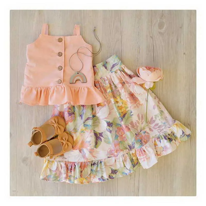 Groothandel zomer baby meisjes 2-pcs sets ruches sling top + floral rok kinderen sport mode kleding E1715 210610