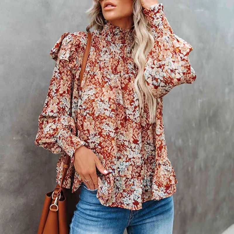 Foridol Floral Print Boho Autumn Winter Ruffle Blouse Tops Women Long Sleeve Turtleneck Red Office Ladies Casual Blouse Shirts 210415