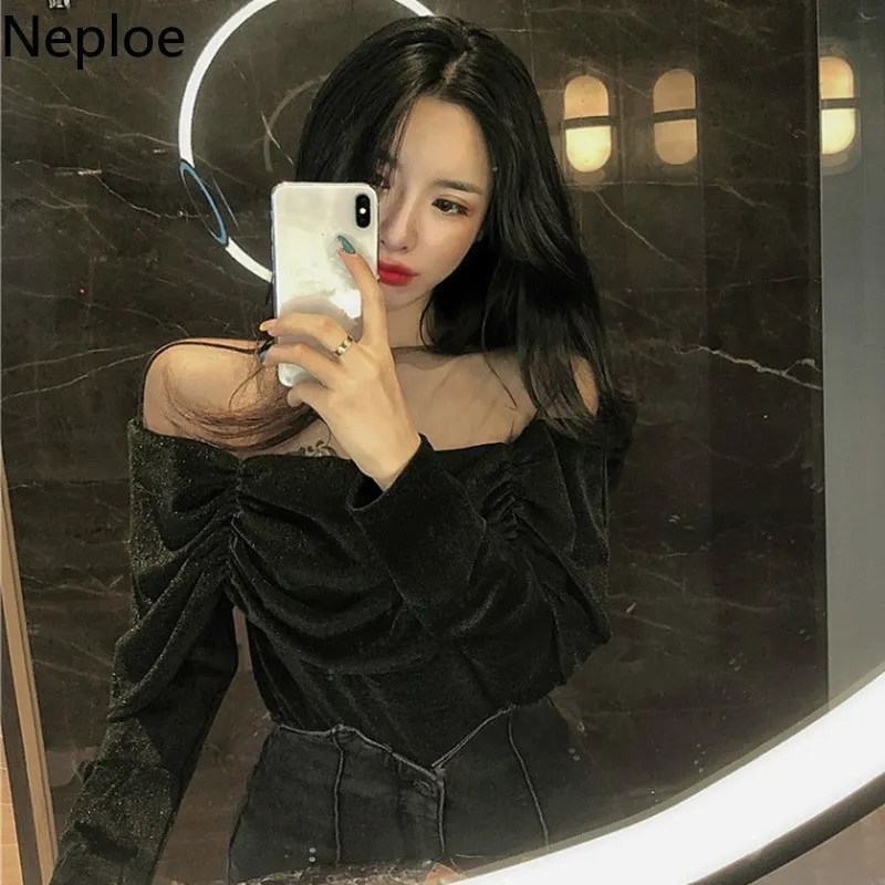 Neploe Mode Gaze Patchwork Frau T-shirts Slash Neck Temperament Samt Tees Ropa Mujer Sexy Dame Vintage Schwarz Tops Frauen 210422