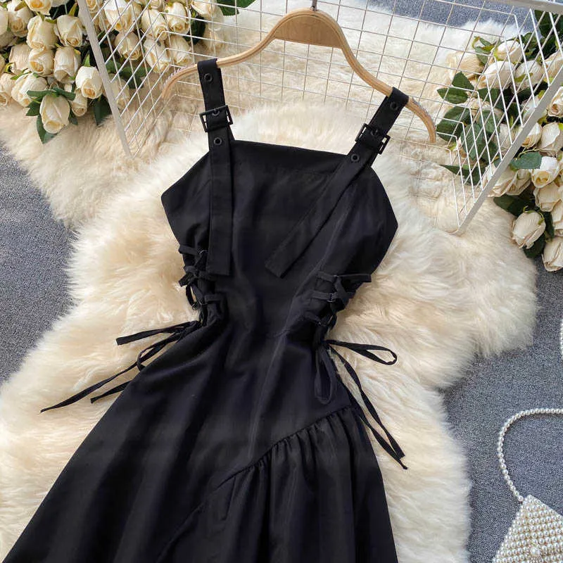 DEAT Women Black Irregular Bandage Slim Suspender Dress Big Swing Fashion Spring Summer 11B735 210709