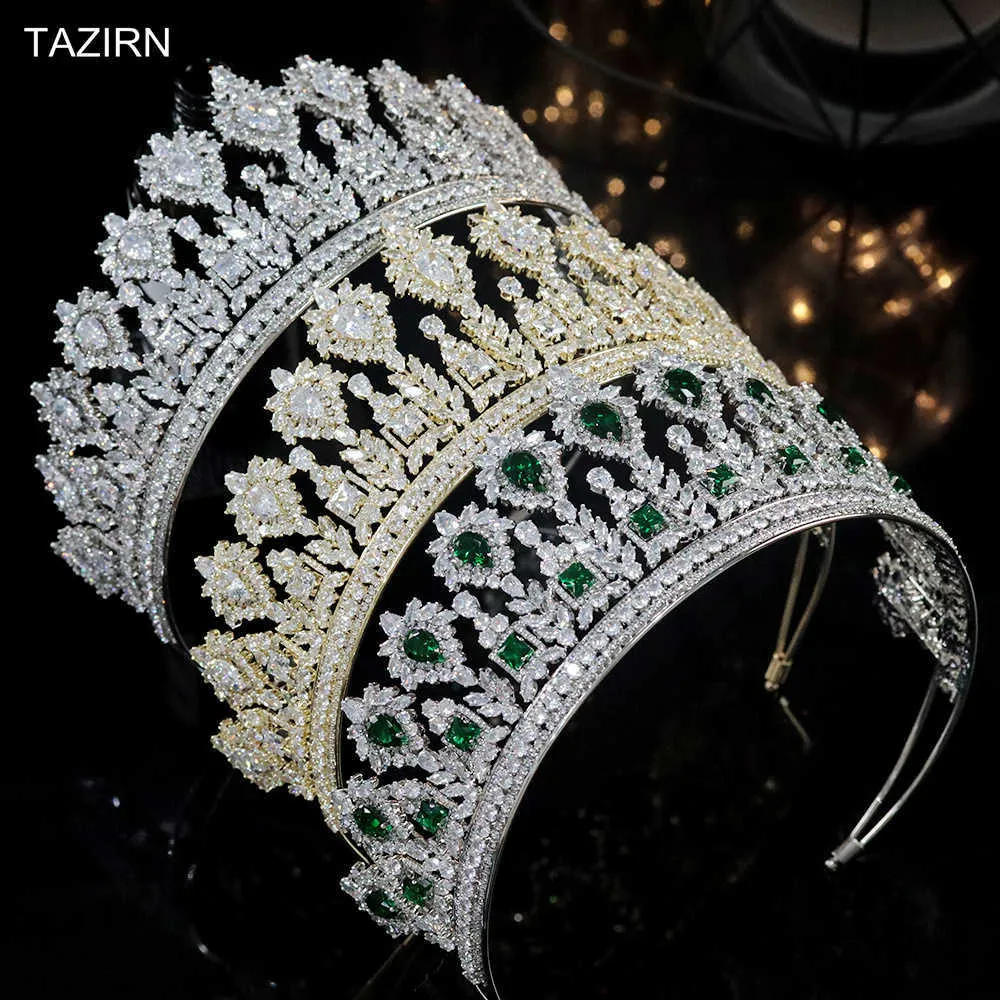 Nyaste långa kronor lyxiga cz tiaras bröllop tillbehör kvinnor zirkon smycken drottning parti huvudbonad bästa gåvor trendigt huvudband x0625