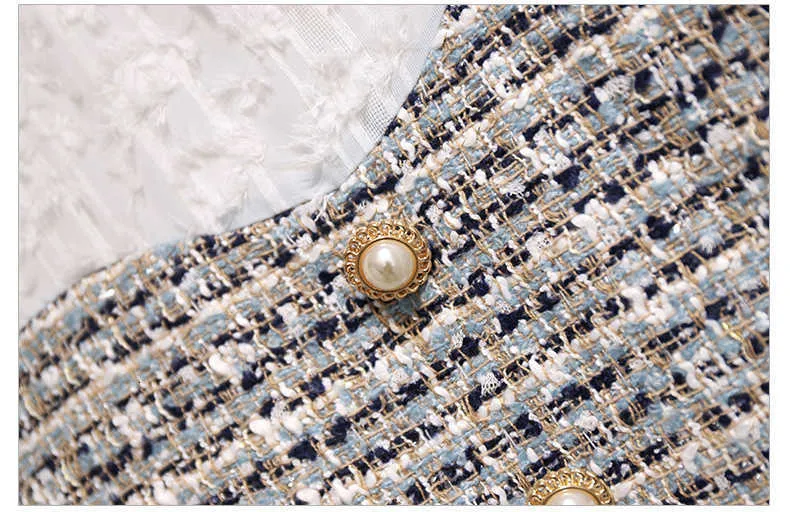 Frankreich Vintage Luxus Kleid Herbst 2019 Mode weiße Quaste Langarm Patchwork Plaid Tweed Büro Damen A-Linie Kleider Y1006