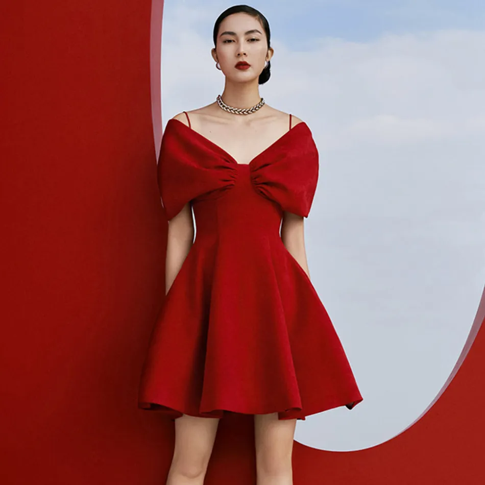 無料の女性の夏のドレス赤いセクシーなVネック半袖AラインセレブリティクラブイブニングパーティーVestido 210524