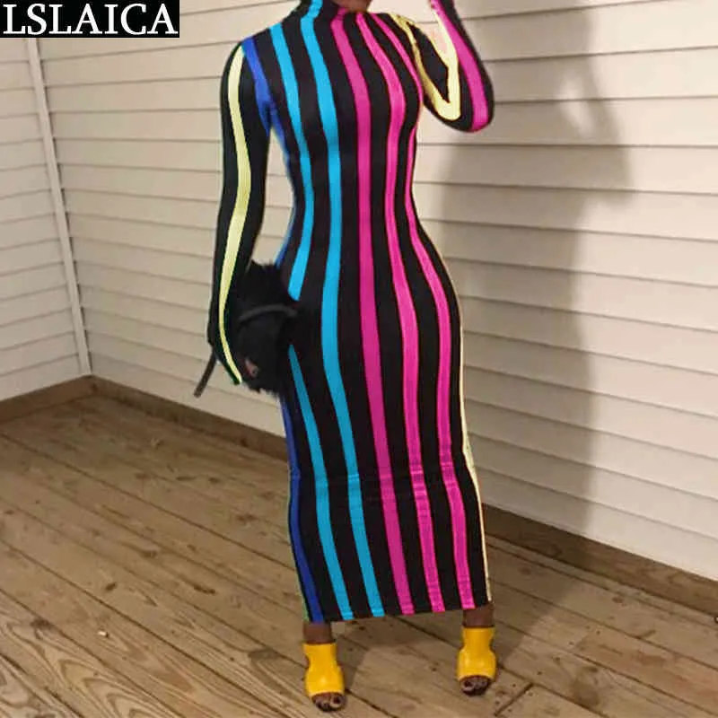 Turtleneck Colorful Striped Maxi Dress Women Autumn Fashion Long Sleeve High Waist Skinny Streetwear Sexy & Club 210515