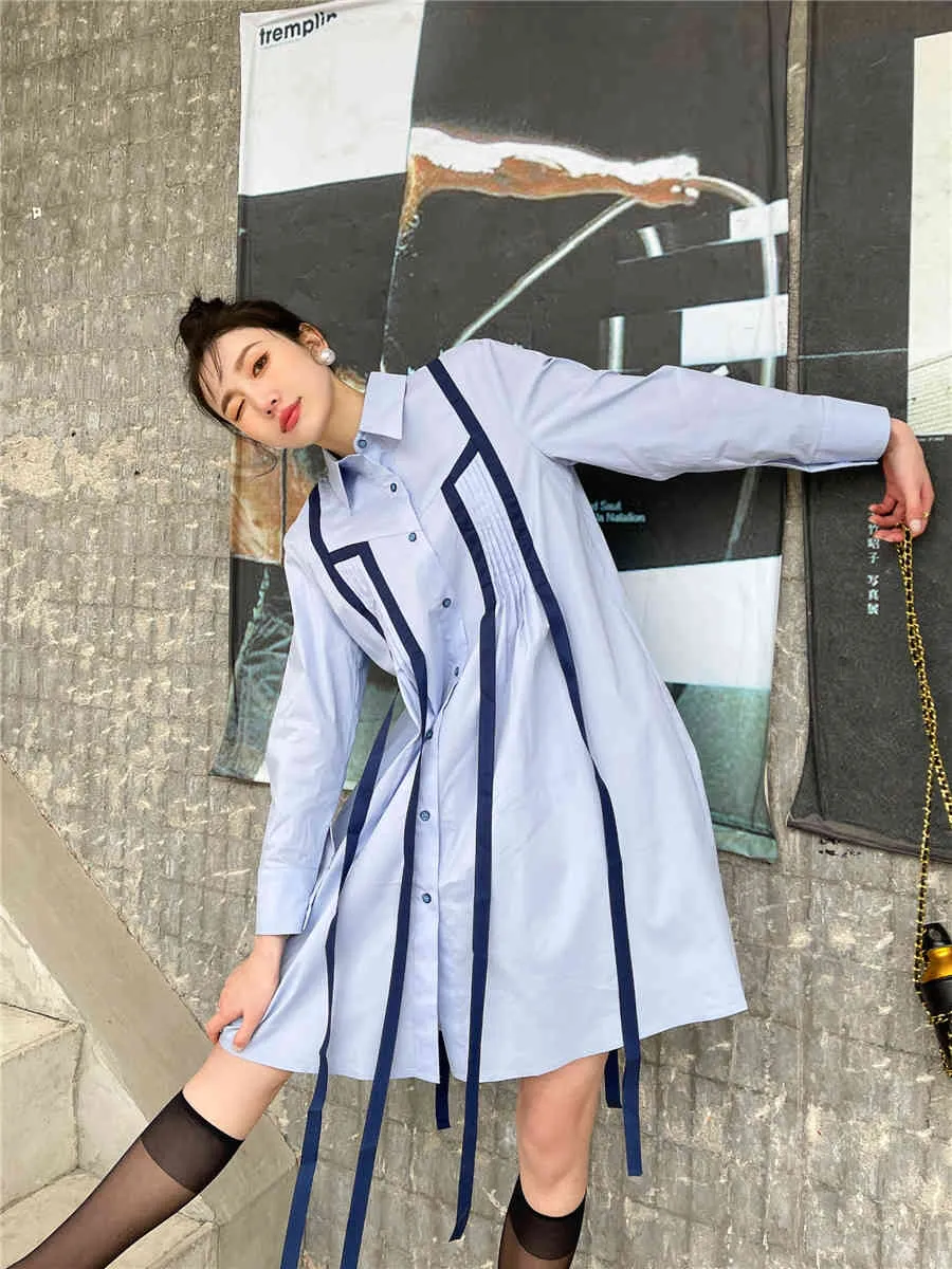 リボンブルーシャツドレス女性のファッション春ボタンアップ長袖Aラインミニ韓国のデザイナー服210427