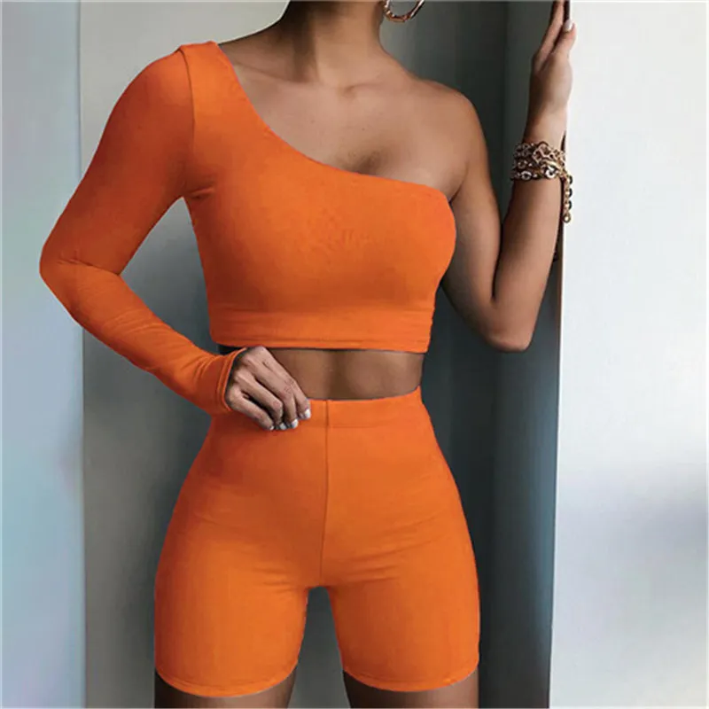 CNYISHE Eine Schulter Casual Matching Sets Frauen Trainingsanzug Langarm Sportliche Anzüge Crop Top + Biker Shorts Zwei Stück Lounge set 210419