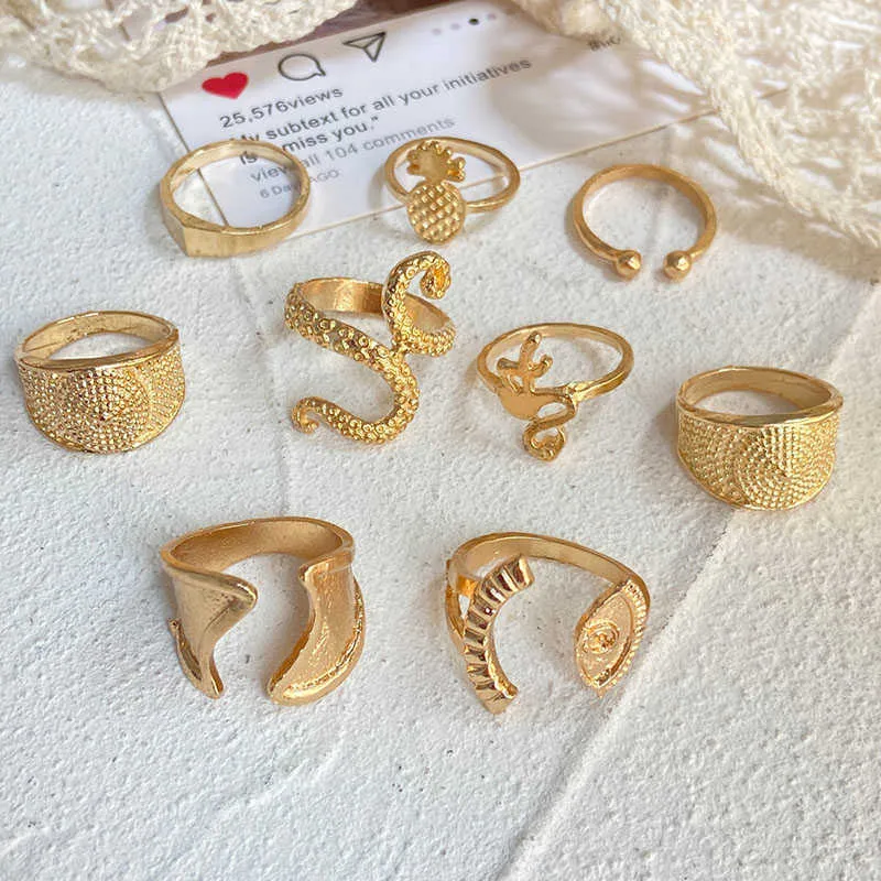 Творческий сплав металлический соединительное кольцо для женщин Богемский ананасовый ананас змея 9 шт. Установите золотые цветные ювелирные изделия X0715