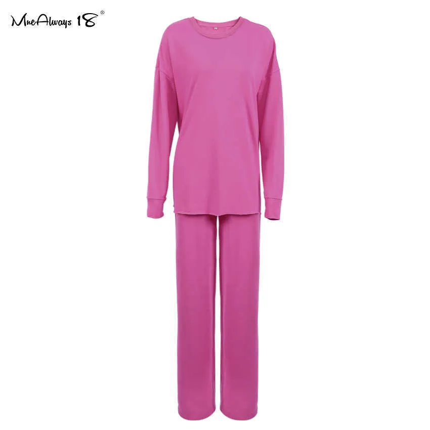 Mnealways18 Pink Sweatpants Womens Pullover Tracksuit Long Legs Pants Suit Sports Outfit Fall Female Sweatshirt Set 210930