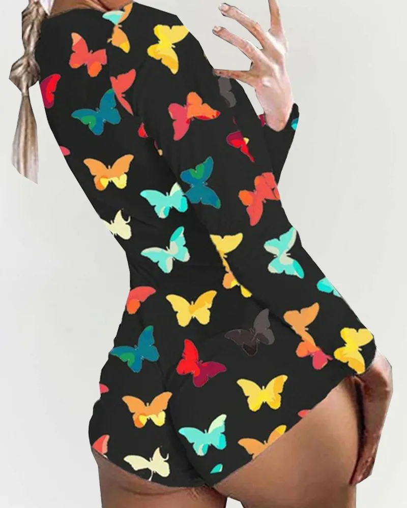 Frauen Sexy Plus Größe Schmetterling Druck Langarm Dünne Strampler Tiefem V-ausschnitt Nette Pyjama Femme Kurzen Overall Dame Kleidung 210415