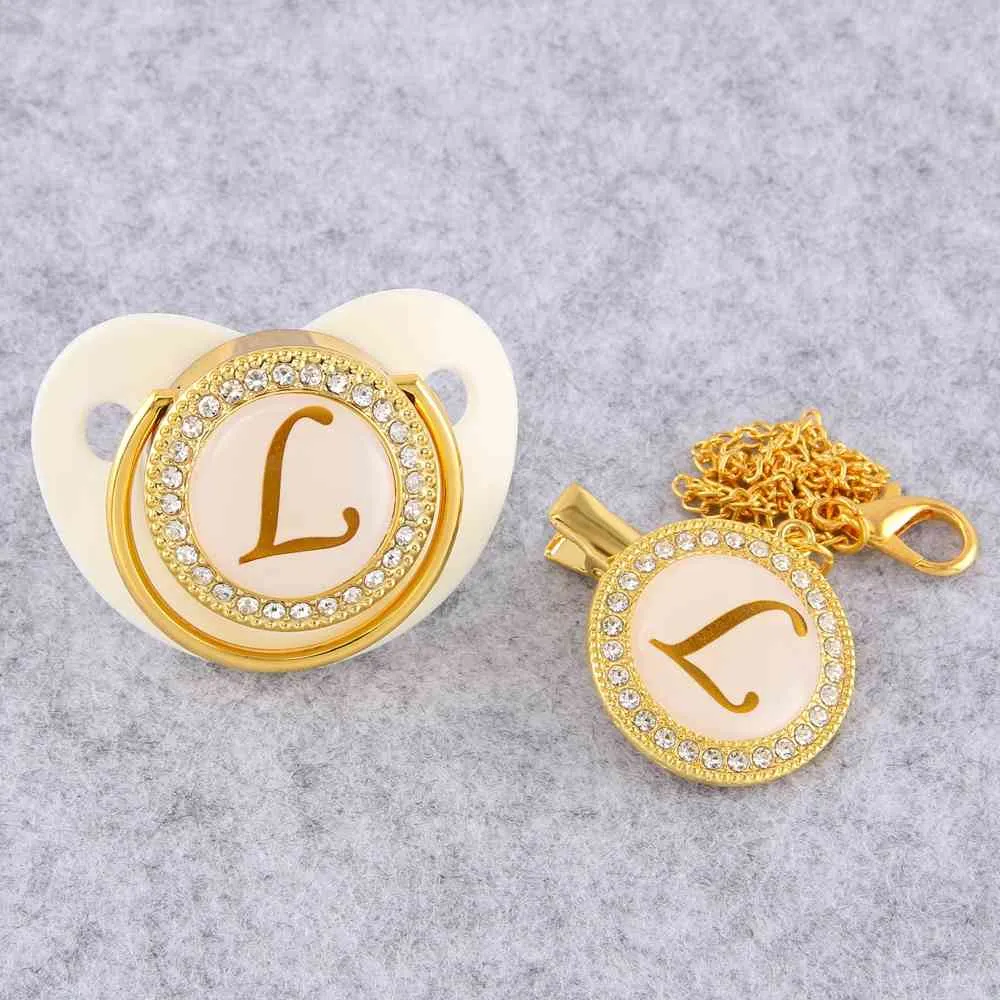 Golden Initial Letter Baby Pacifier With Chain Clip Luxury Sucette Bebe BPA White Chupete For 018 Months 2104077476546