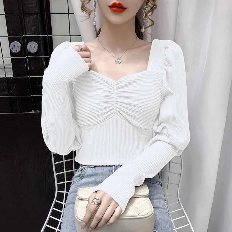 Kimutomo Women Elegant Square Collar T-shirt French Style Solid Black Slim Puff Sleeve Tops Spring Autumn Korea Chic 210521