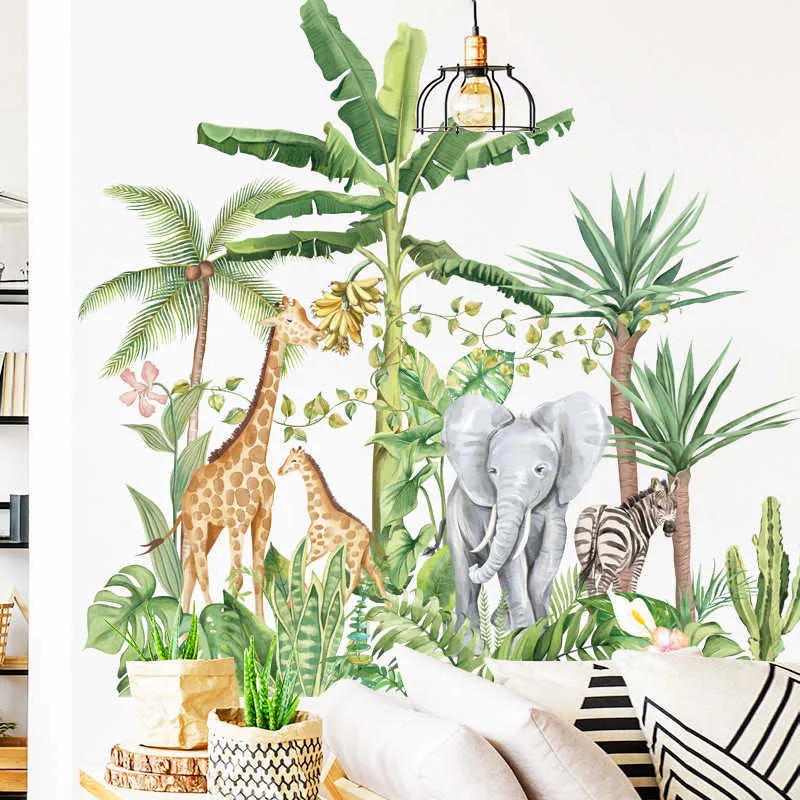 リビングルームの寝室の象のキリンの動物の壁のデカールのための緑の熱帯雨林の壁のステッカー自宅の装飾壁画210705