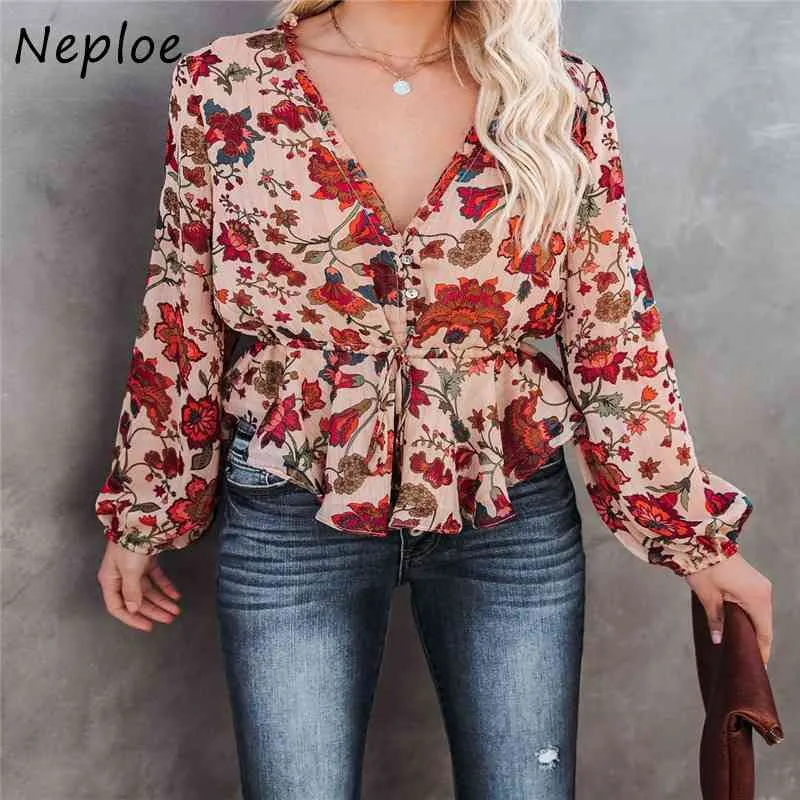 Neploe Eleganta Ruffles Patchwork Loose Blouse Women V Neck Långärmad Pullover Blusas Spring Sälj Well Shirt Wild OL 210510