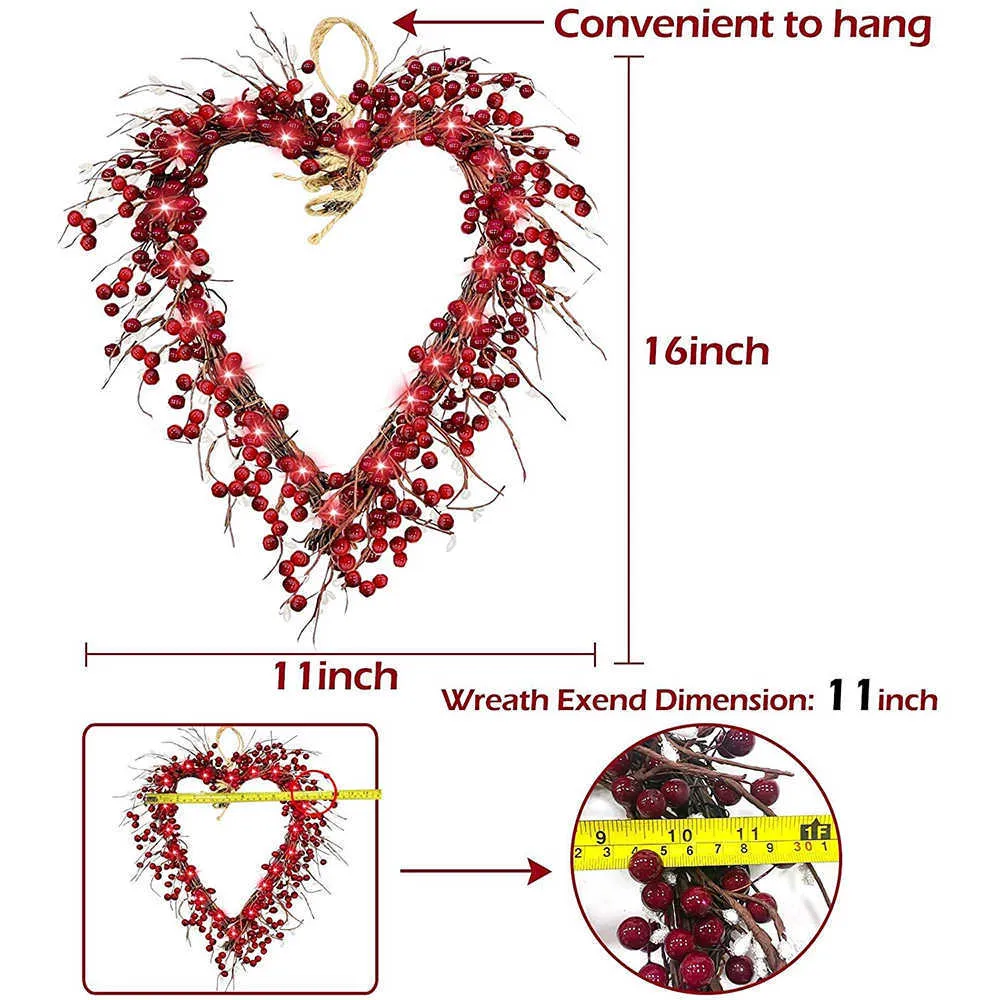 16 tums alla hjärtans dag krans ytterdörrsdekorationer Röda bär Hjärtformade kransar med 20 LED batteridrivna WWO6 Q0812