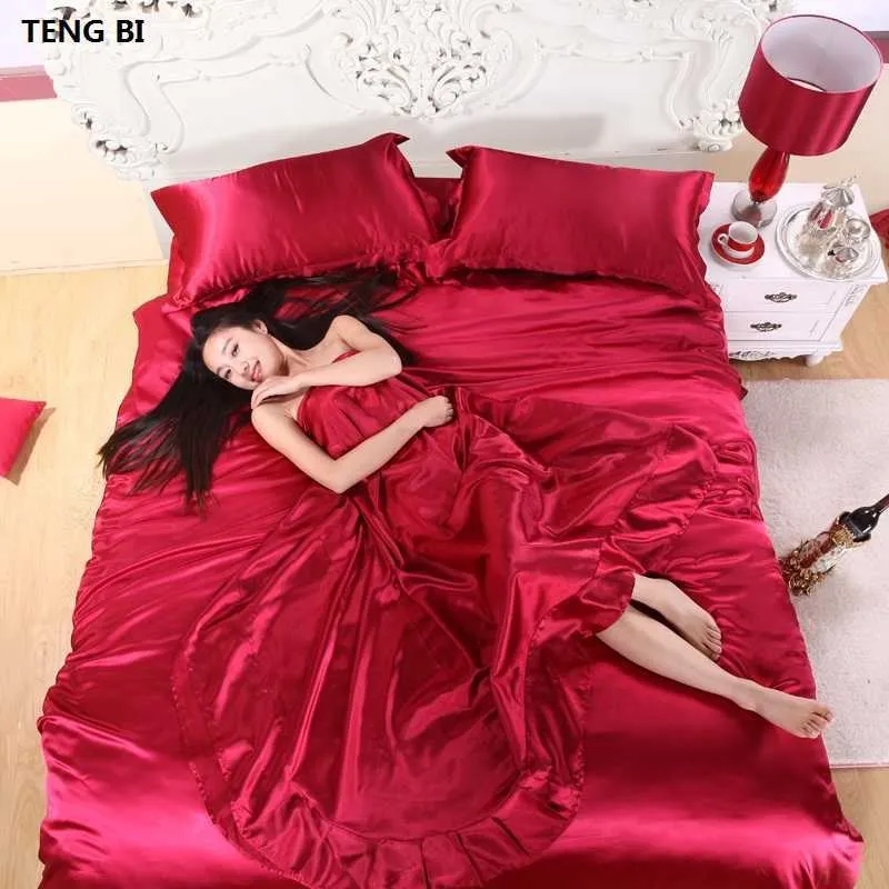 ! 100% conjunto de moda de cama de seda cor pura A / B folha de cama de dupla face, colcha fronha 2-210608