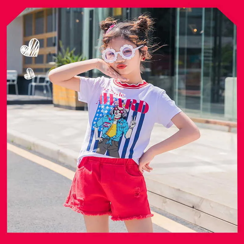 Summer Teenagers Girls 2-pcs Sets Cartoon T-Shirts Top + Red Shorts Kids Fashion Clothing E22077 210610