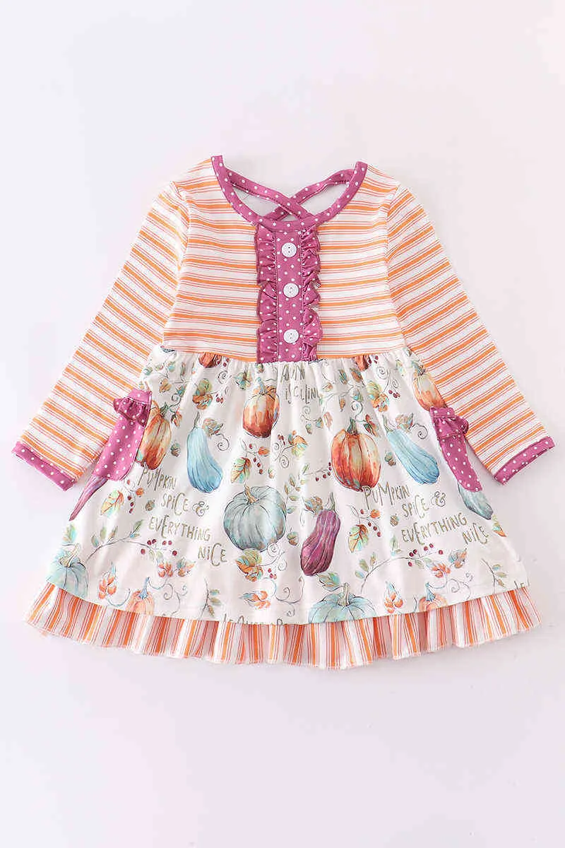Girlymax Fall Baby Girls Chlidren Kids Clothing Milk Silk Pumpkin Floral Twirl Dress Stripe Knee Length Long Sleeve Ruffles 211231