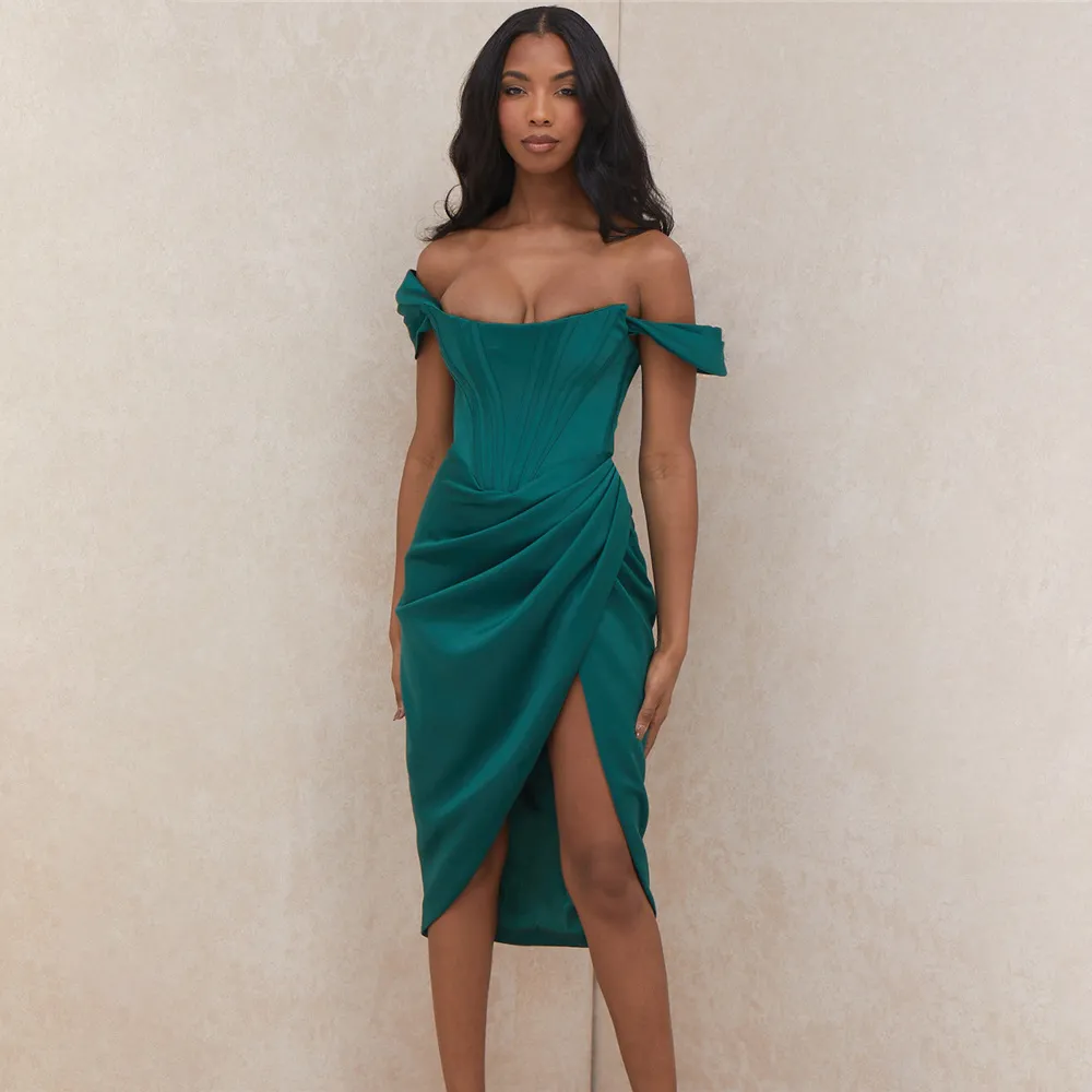 Bodycon Velvet Dress Draped Green Sexy Off The Shoulder Women Christmas Celebrity Club Night Party 210422