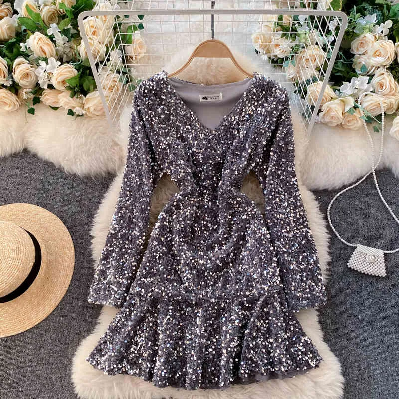 Singreiny Kvinnor Glänsande Sequins Klänning Koreansk Fashion V Neck Långärmad A-Line Klänningar Höst Chic Ruffles Party Short Dress 210419