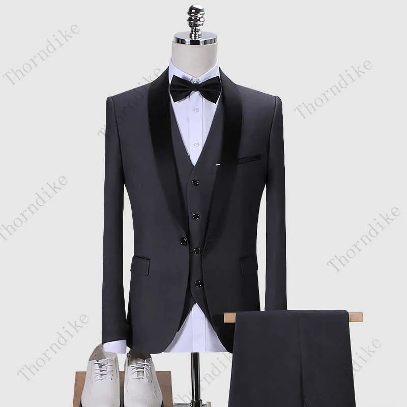 Thorndike Mężczyźni Garnitury 3 Sztuk Czarny Fit Casual Groomsmen Army Lapel Business Tuxedos for Formal Wedding Blazer + Spodnie + Kamizelka X0909