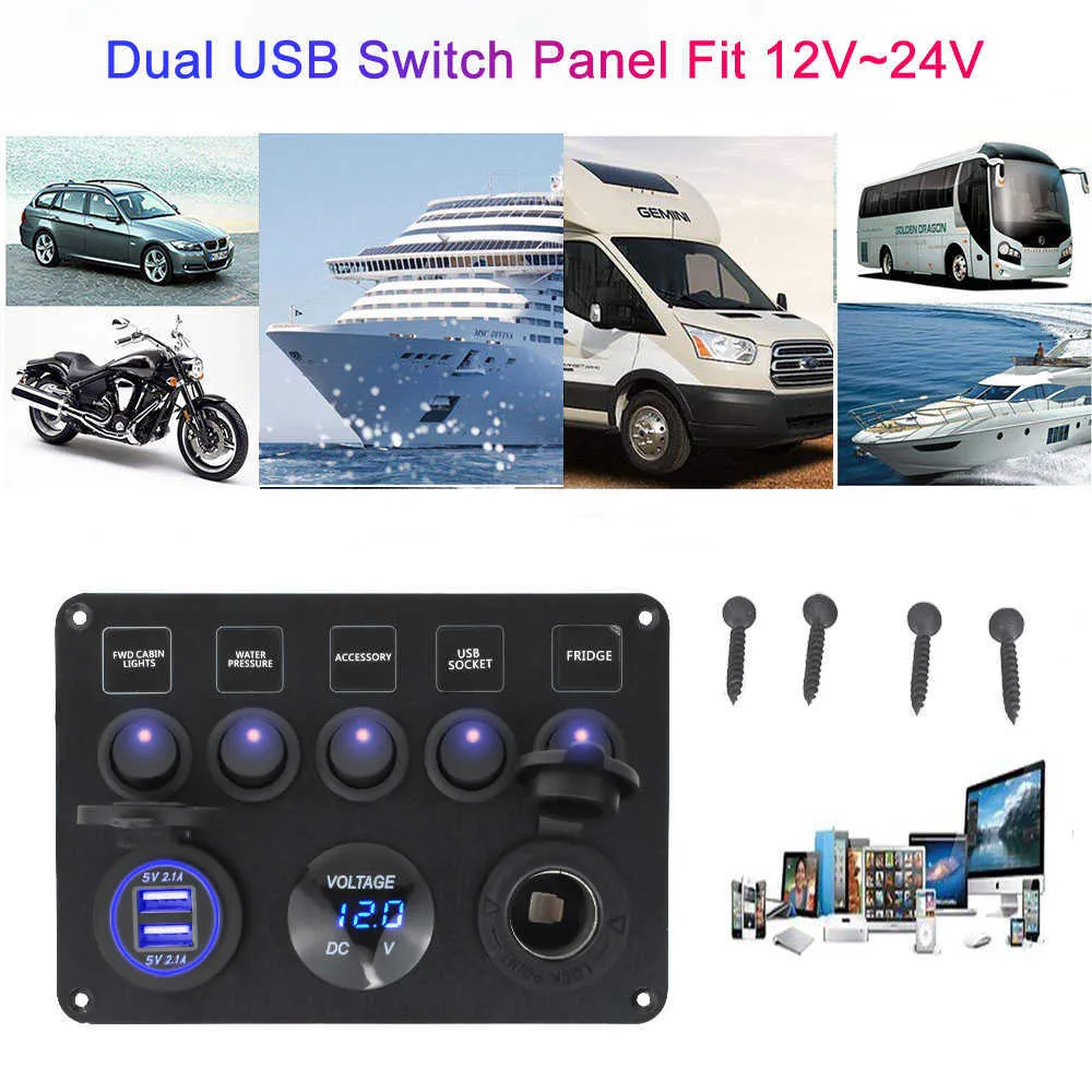 5 gangue 12V carro marinho barco conduziu o painel de interruptor de switch do rocker d'água voltímetro digital Dual USB porta carregador adaptadores