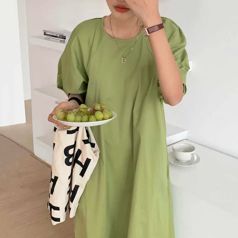 Korejpaa Dames Jurk Zomer Koreaanse Chique Vrouwelijke Minimalistische All-Match Ronde hals Losse Candy Color Design Puff Seve Vestidos 210526