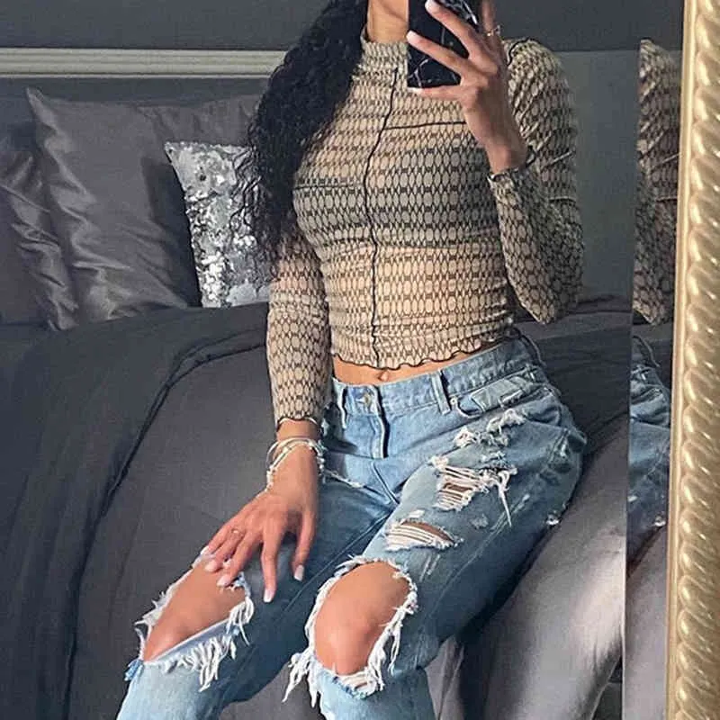 Automne Hiver Style Streetwear T-shirt Stringy Selvedge Mesh Sheer Grille Impression À Manches Longues O-cou Mode Basic Crop Top 210517