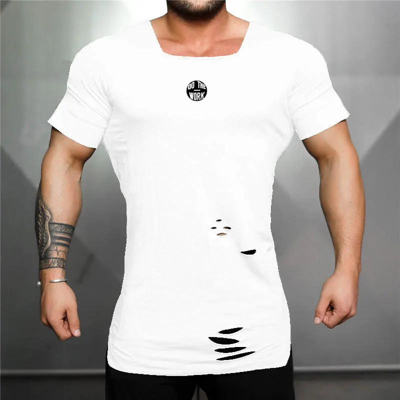 Odzież marki Nowy Lato Moda T Shirt Mężczyźni Ripped Hole Fitness Koszulka Siłownia Krótki Rękaw Solid Slim Fit Tshirt 210421