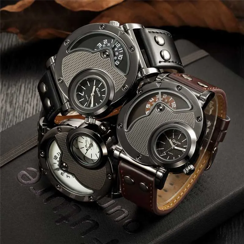 Oulm 9591, reloj de pulsera deportivo con correa de cuero de lujo de la mejor marca de cuarzo para hombre, dos zonas horarias, diseño único, relojes grandes para hombre G1022