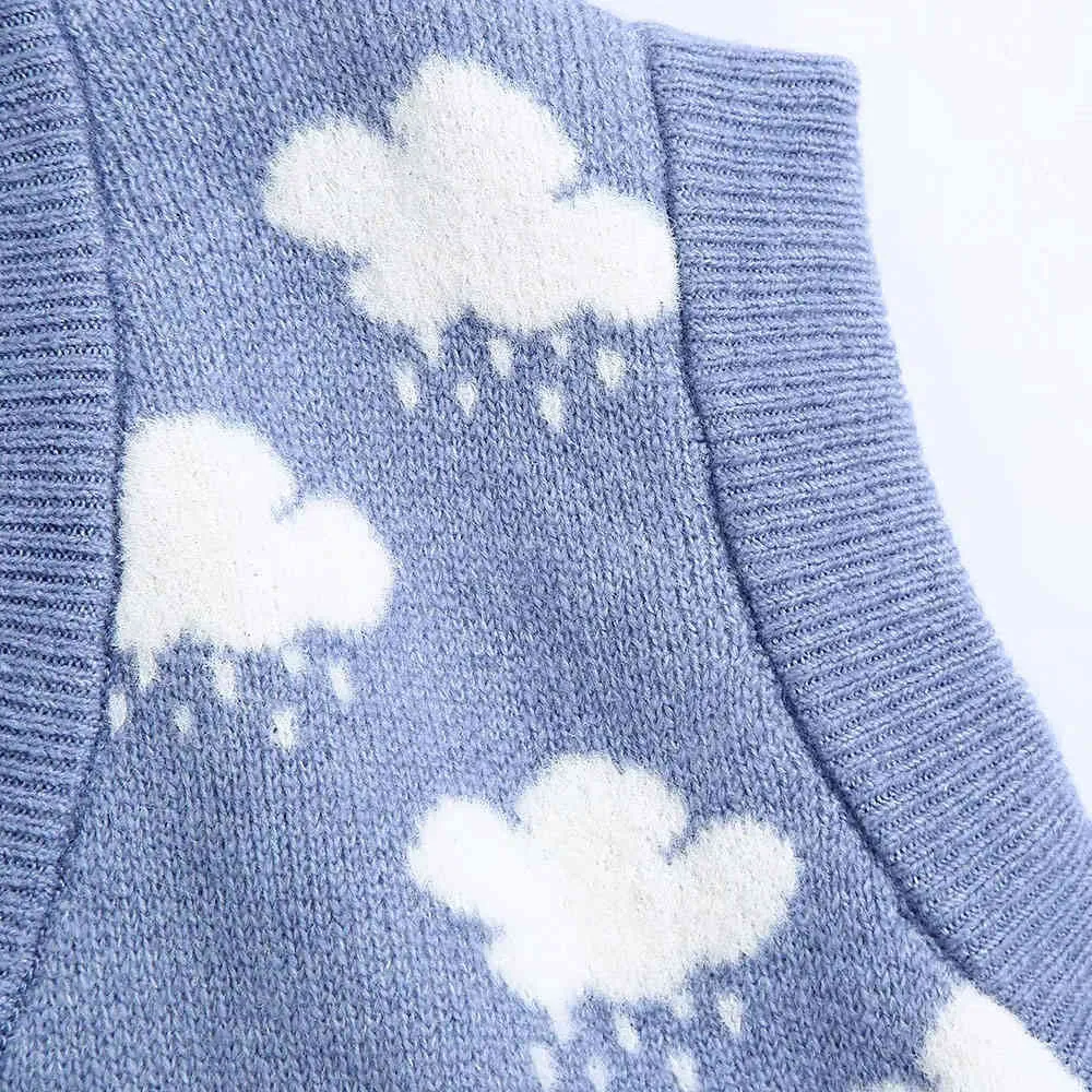 Dulce cuello en V Vintage patrón de nubes suéter chaleco mujer sin mangas tejido Crop suéteres Casual otoño estilo pijo 210520