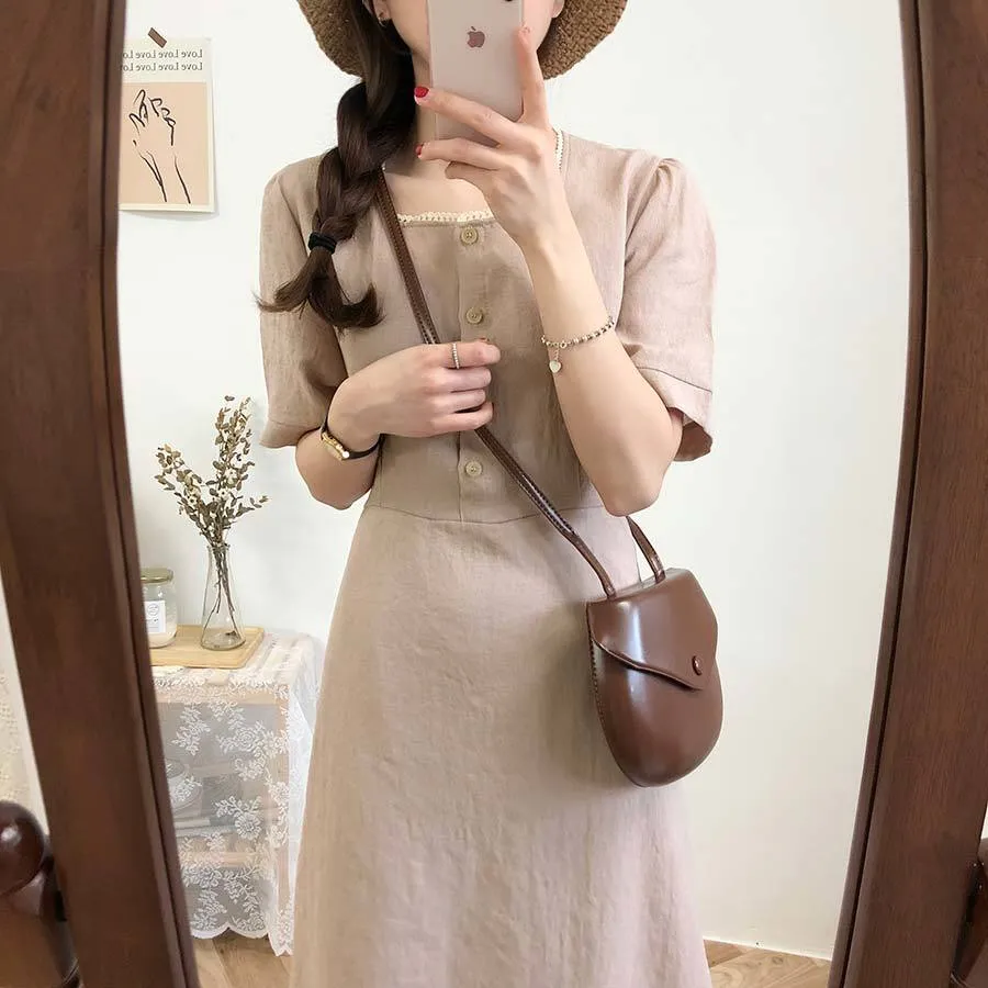 Plus size Summer Girls Boho Party Cotton Linen Female Vintage Dress Brown Short Sleeve Women Dresses Long Robe Vestido 210417