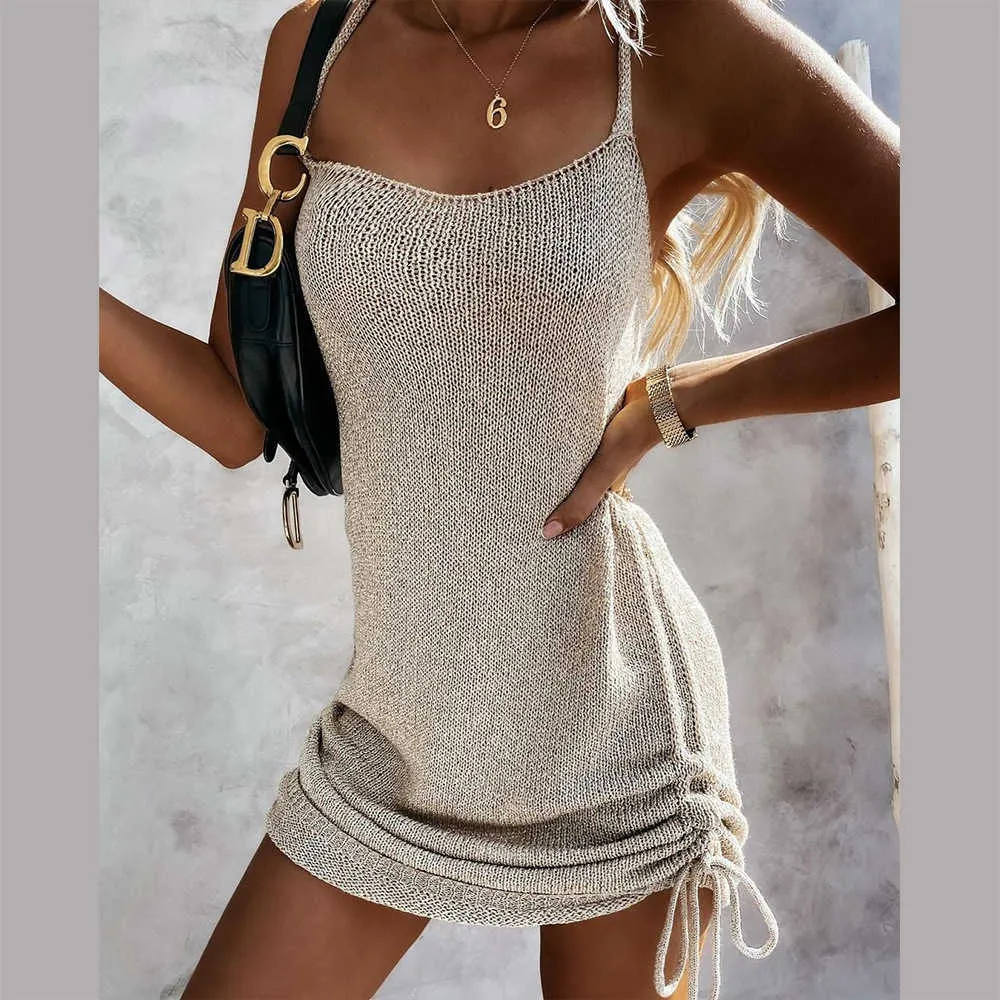 2021 Kvinnors sommar New Fashion Slim Sexy Halter Drawstring Sweater Klänning Y1006