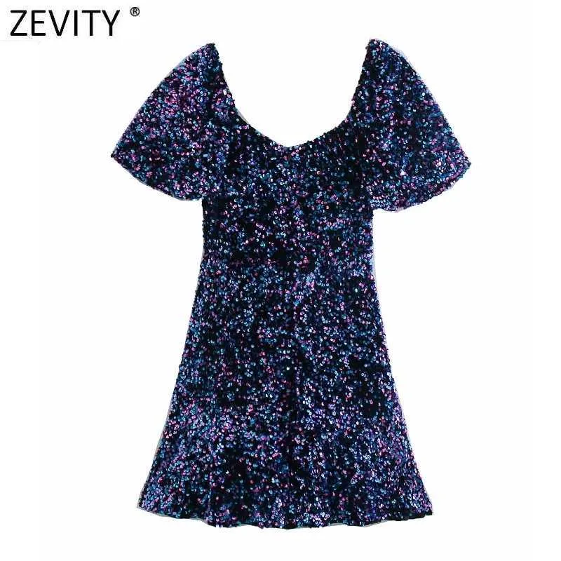 Zevity Women High Street Sexy V Neck Sequined Mini Sukienka Kobiet Chic Side Zipper Ruffles Vestido Club Party Odzież DS4948 210603