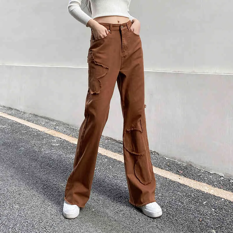 Женщина джинсы вспышки высокой талии джинсы кофе джинсовая одежда старинные качества мода хараджуку прямые брюки 210524