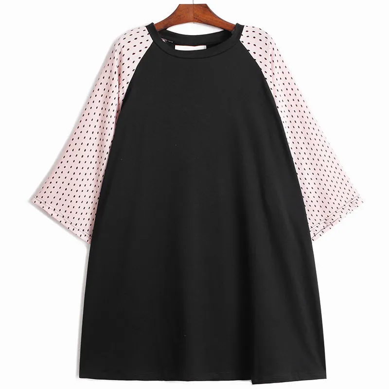 [EAM] Women Black Dot Printed Big Size Casual T-shirt Round Neck Half Sleeve Fashion Spring Summer 1DD7775 21512