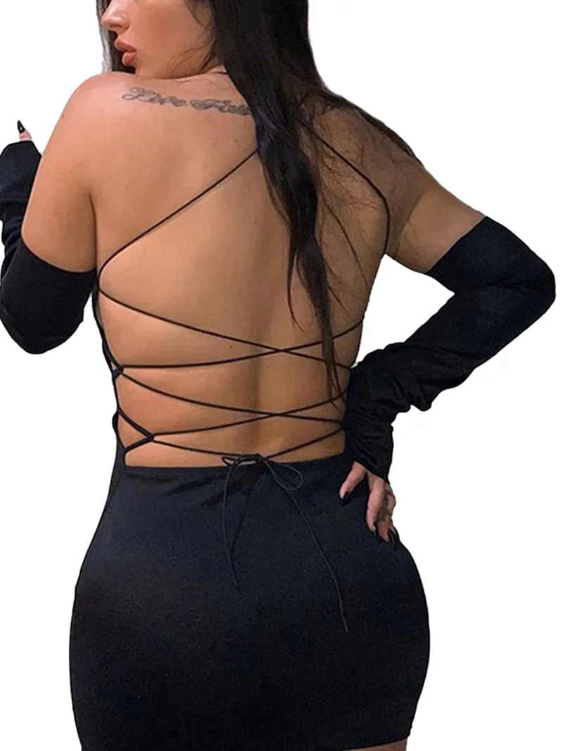 Kadın Elbise Kılıf Çanta Kalça Dantel-up Bandaj Yaz Slim Fit Sıska Siyah Backless Düşük Göğüs Seksi Bayanlar Parti Clubwear 210522
