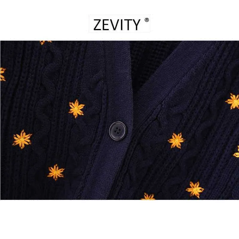 Zevity Women Vintage Floral Broderi Broderi Cardigan Sweaters Chic Kvinna Fritid V Neck Långärmad Toppar S347 210603