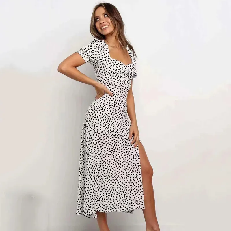 Vintage imprimé léopard fente robe femmes été plage vacances maxi longue robe chic froncé fendu fermeture éclair robe vestidos 210415