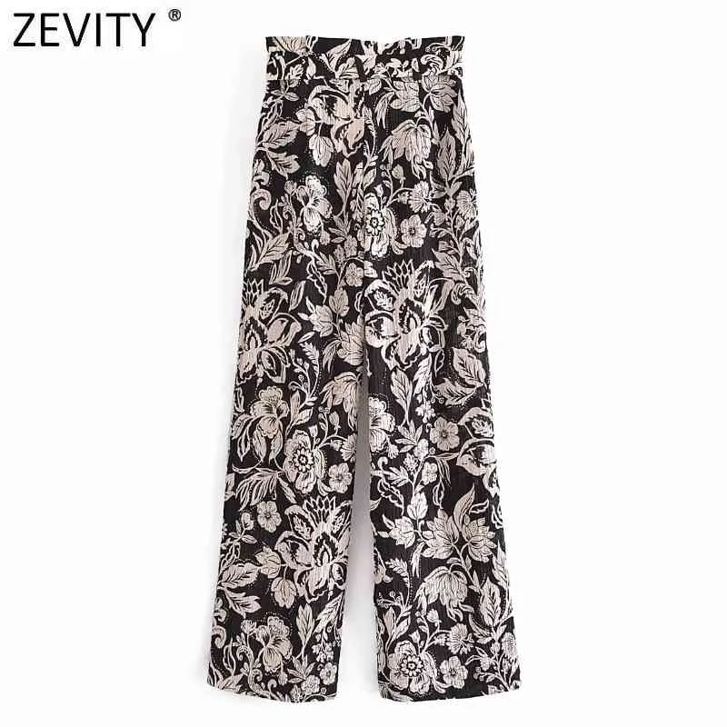 Women Vintage Totem Flower Printing High Waist Bow Tied Paper Pants Retro Female Zipper Fly Chic Long Trousers P1032 210420