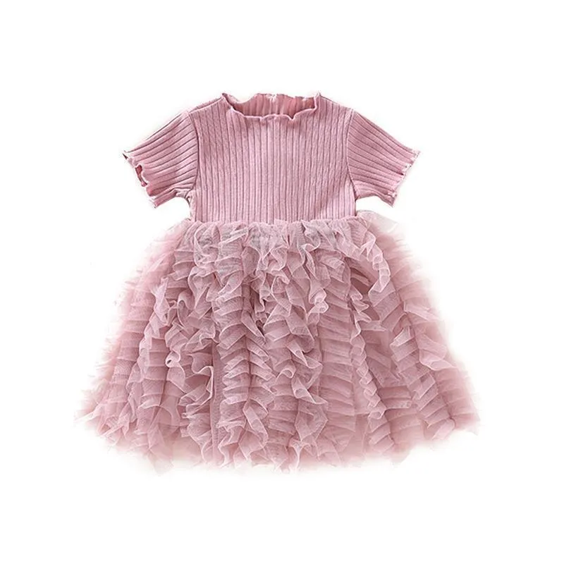 Children's Clothing Girls Dress Princess Fashion Fluffy Stitching Knitted Cake Skirt Summer Girl Clothes 210515