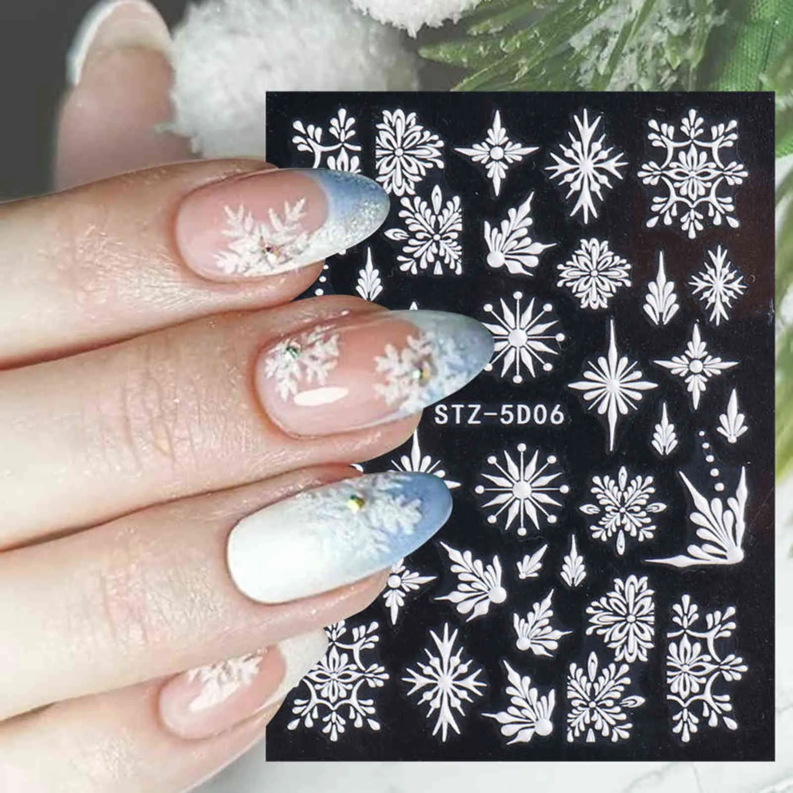 5D blanc flocons de neige en relief autocollant noël nouvel an Nail Art Design hiver charmes fleur manucure curseur décalcomanies CHSTZ5D01-08 Y1125