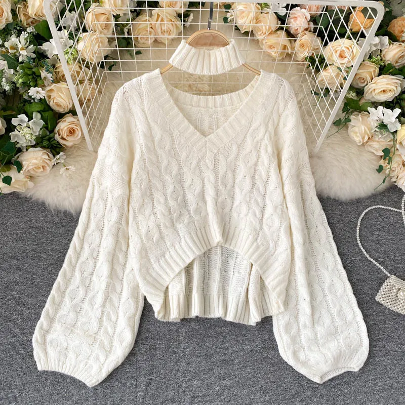 Twist Camisola de malha Mulheres Casual Solta Estilo Coreano V Neck Elastic Tops Outono Chique Sólido Irregular Pullovers Jumper 210419