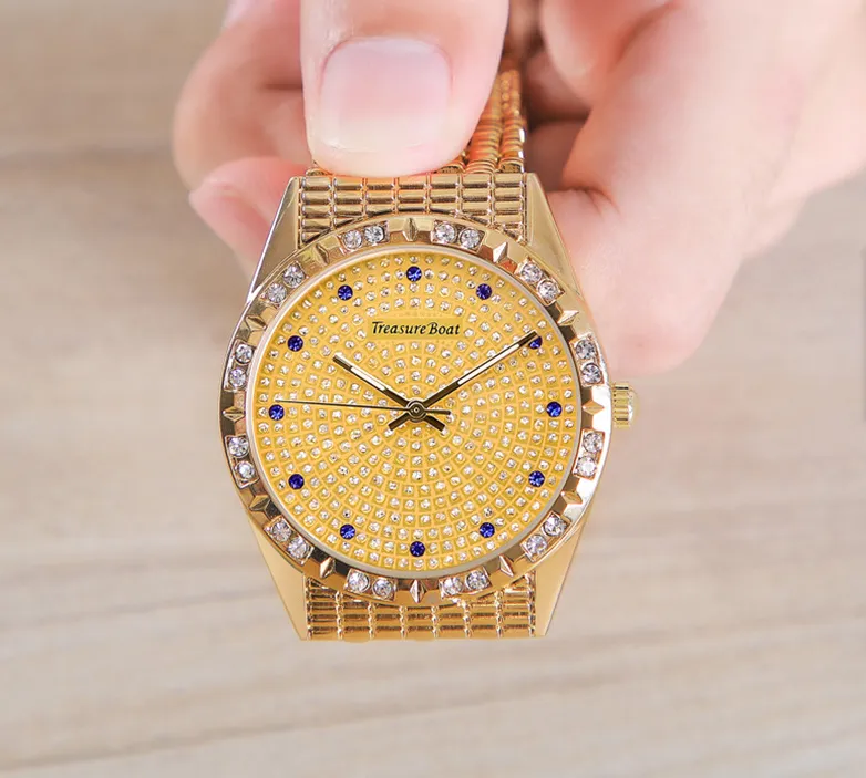 Treasureboat Merk Mode Heren Horloges Luxe Gouden Diamanten Quartz Horloge Heldere en Transparante Wijzerplaat Comfortabele Band Watches222Y